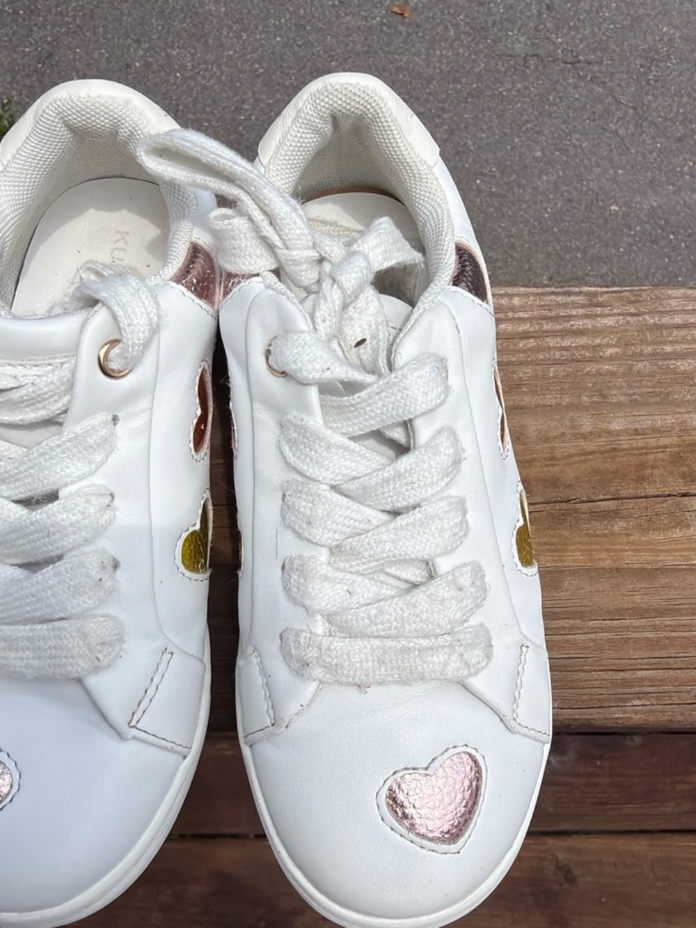 Kurt Geiger White Sneakers with Pink, Orange & Yellow Heart Accents - Picture 2 of 5